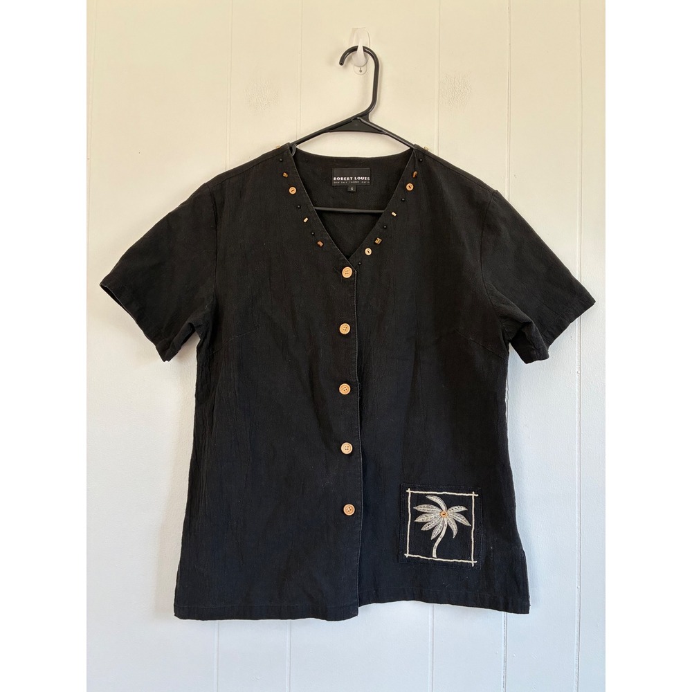 Robert Louis Black‎ Ramie Cotton Beaded Palm Tree Embroidered Blouse Top Small